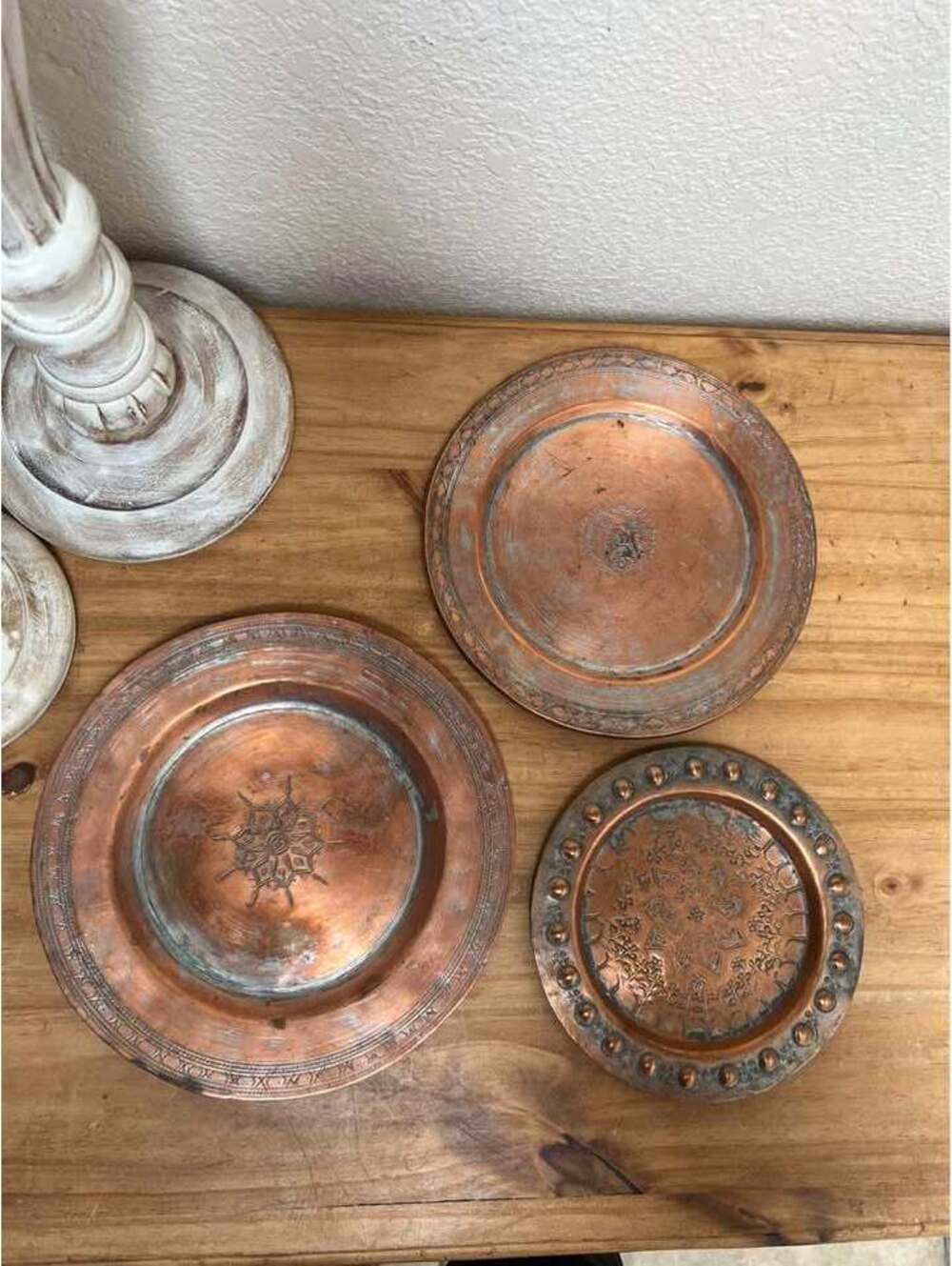 3 Persian Tinned Copper Plates Etched Engraved Middle Eastern Set